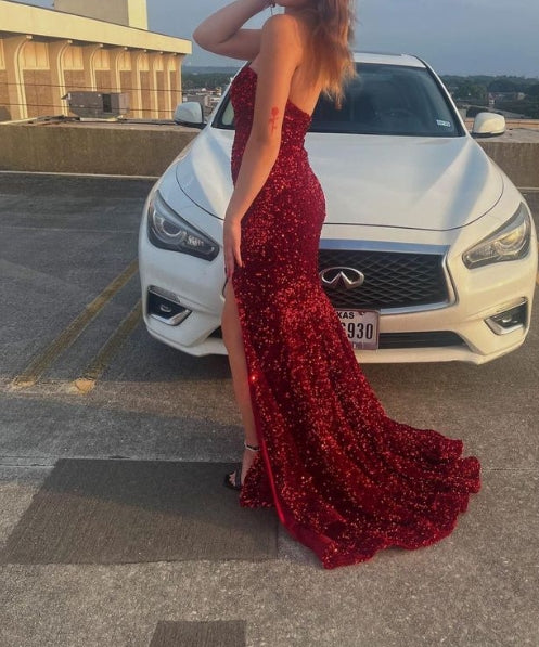 Vestidos de fiesta largos de sirena sin tirantes y escote corazón con abertura